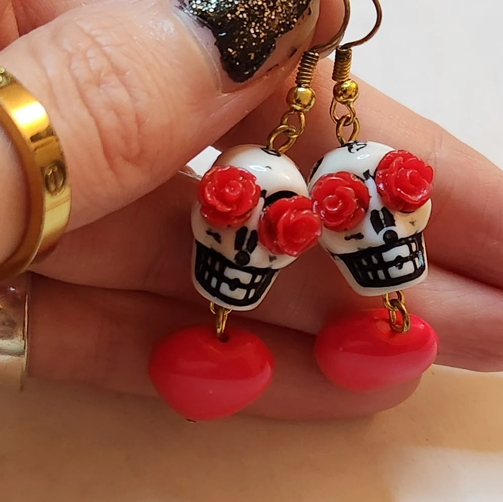 Sugar Skull Rose Heart Dangle Earings (Free W/bundle Of 2 Items)